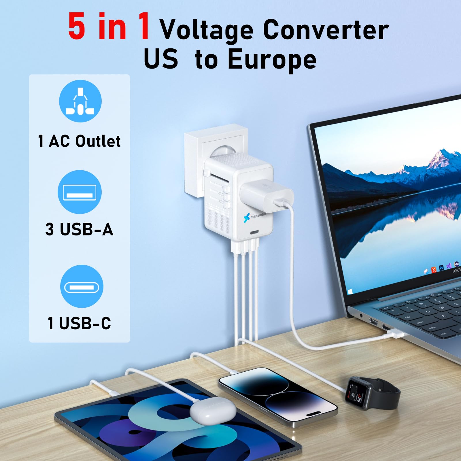 Upgraded Voltage Converter US to Europe for Hair Dryers 220V to 110V Converter with Fast Charging - Compact Travel Design with 3 USB-A + 1 USB-C Universal Travel Adapter for France Germany (White)