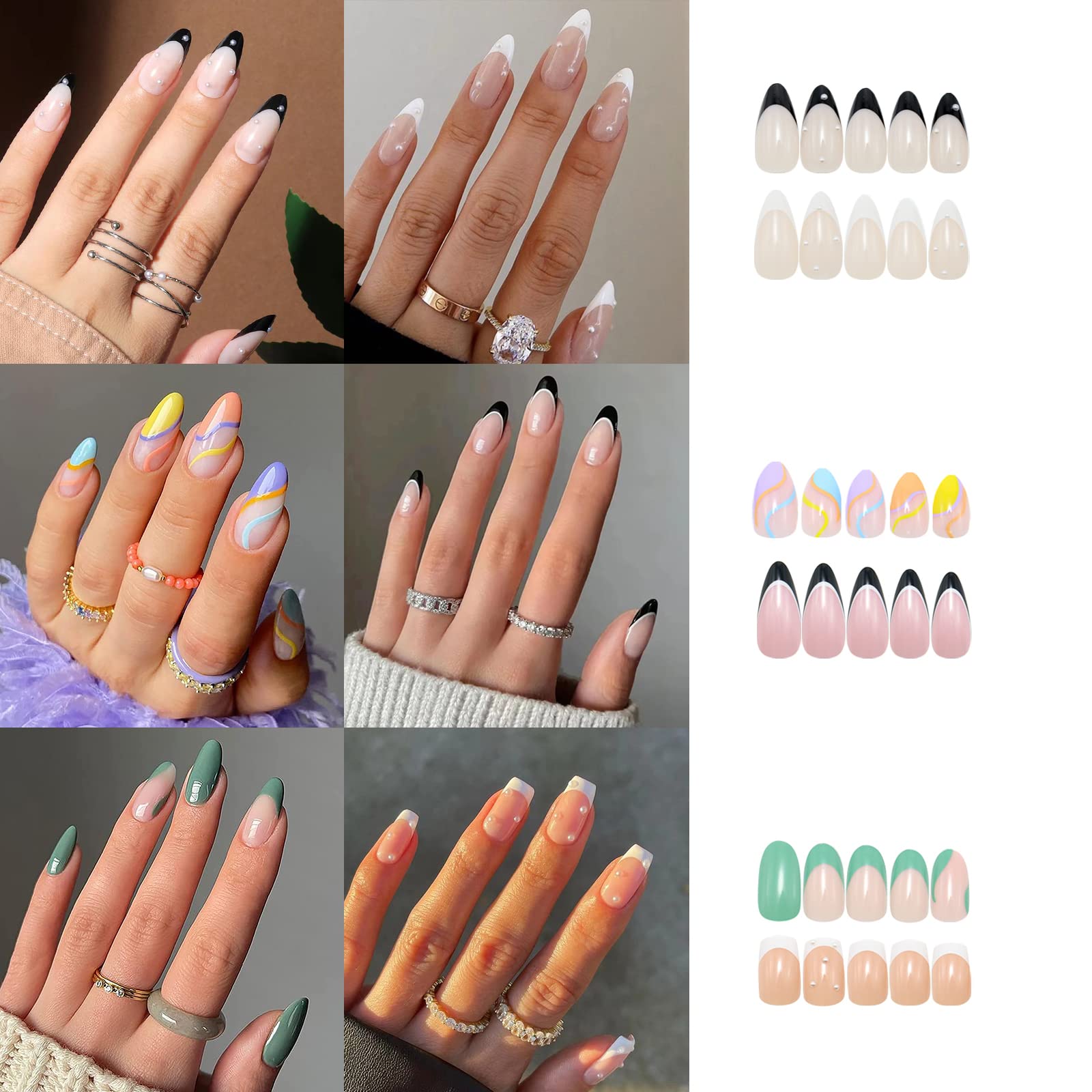 6 Packs (144 Pcs) Press on Nails Medium, Misssix Short Fake Nails Glue on Nails Almond and Square Set with Adhesive Tabs Nail File for Women