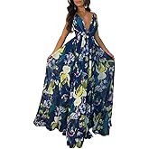 Remelon Womens Sexy Spaghetti Strap Deep V Neck Floral Boho Criss Cross Backless Chiffon Beach Party Long Maxi Dress