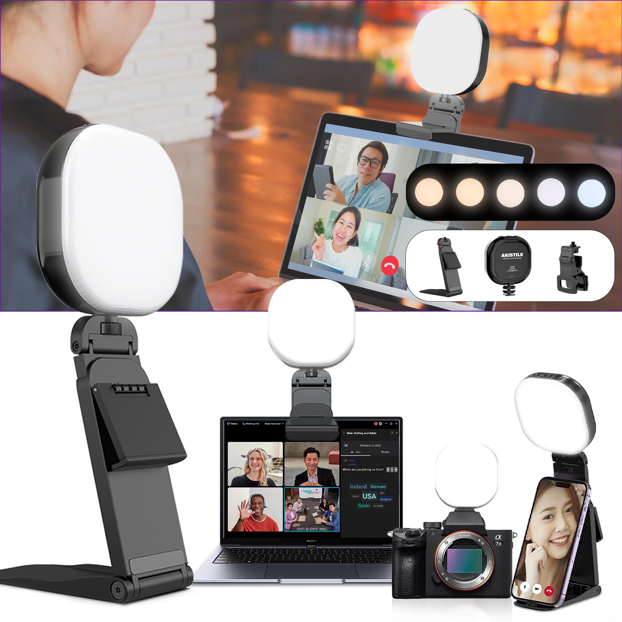 AKISTILE LED Light, Photography Light, USB Rechargeable, 2,000 mAh, 3,000 k-7200k, 5 Stage Dimming, Adjustable Color Temperature, Telework X (Formerly Twitter), Tik Tok, Instagram, Youtube Zoom,