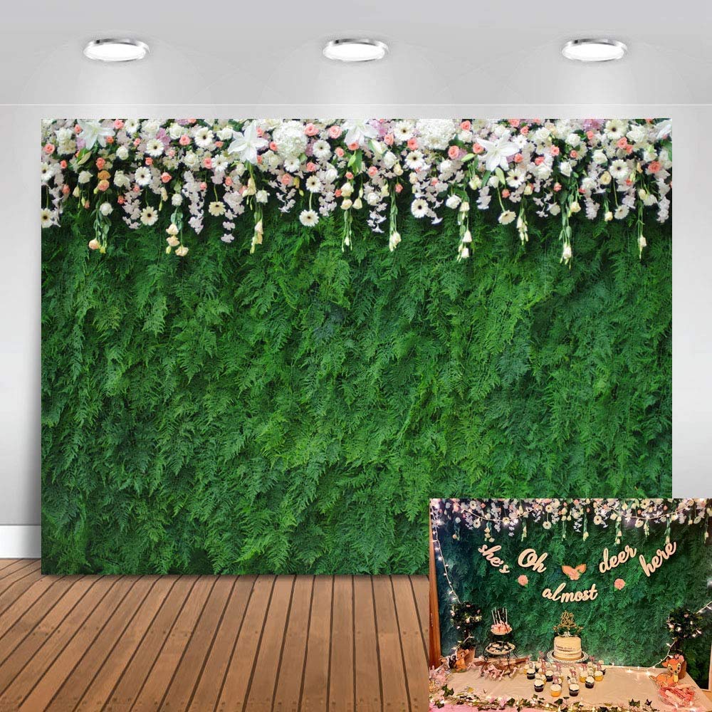 Avezano 6x4ft Green Leaves Flowers Wall Backdrop Plain Wedding Decoration Bridal Party Banner Background for Birthday Newborn Baby Shower Photoshoot Kids Photo Studio Props