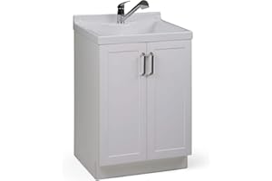 SIMPLIHOME Kyle Transitional 24 Inch Laundry Cabinet with Pull-out Faucet and ABS Sink in Pure White, For the Laundry Room and Utility Room