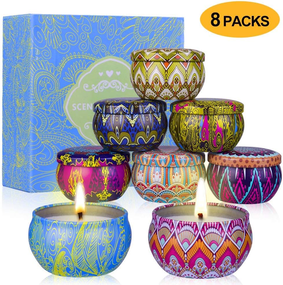 YIH Gift Package Scented Candles Lemon, Fig, Lavender, Spring Fresh,Rose ，Jasmine，Vanilla，Bergamot，Natural Soy Wax Portable Travel Tin Candle,Set of 8