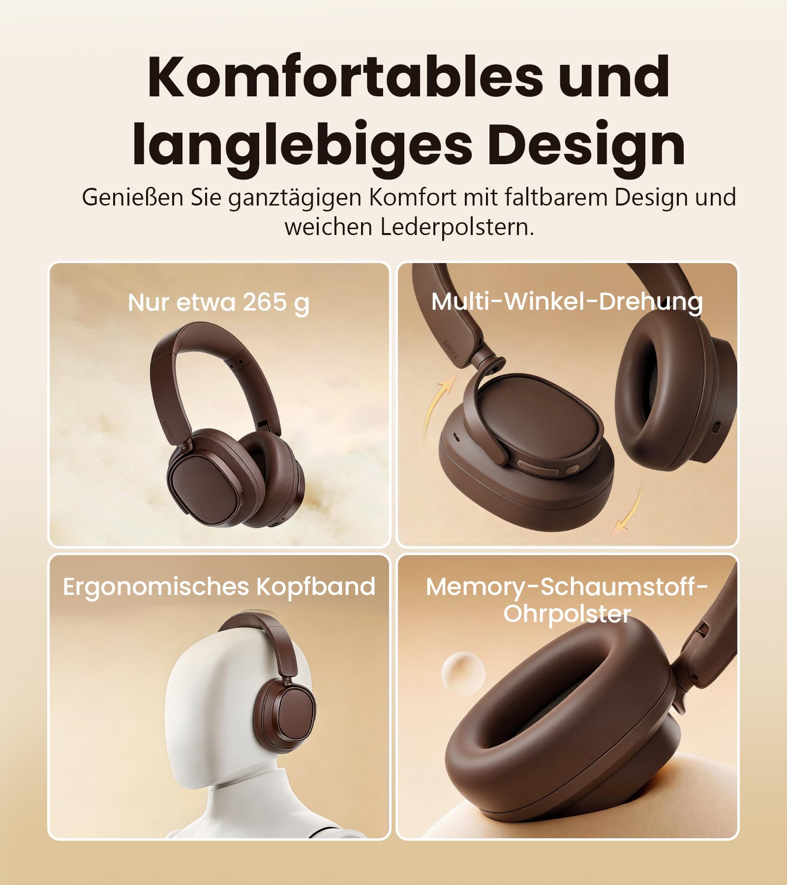 Edifier ES850NB Kabellose Over-Ear-Kopfhörer mit Geräuschunterdrückung, Hi-Res Audio Wireless, LDAC, 92h Spielzeit, Bluetooth 5.4 & Multipoint, KI-Anrufgeräuschreduzierung, Faltbar – Braun 6