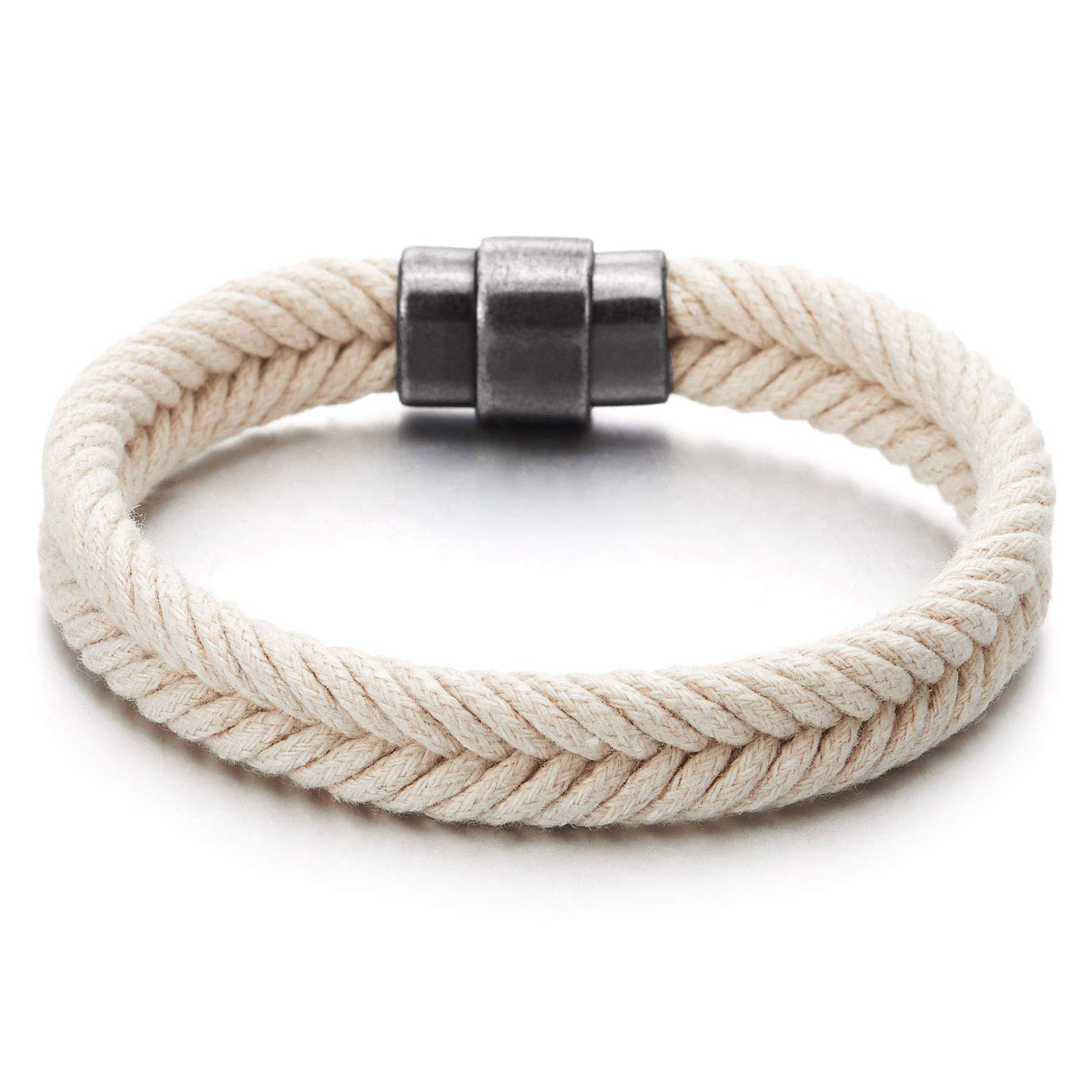 COOLSTEELANDBEYOND Mens Womens White Braided Cotton Rope Bangle Bracelet with Magnetic Clasp, Summer Accessories