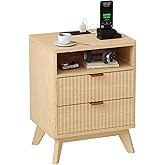 Fluted Nightstand with Charging Station, Wood Bedside Table with 2 Drawers, Modern Farmhouse Nightstand with USB Open Shelf & Wooden Feet for Bedroom & Living Room