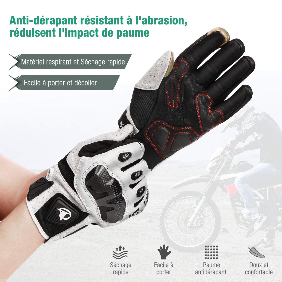 isYoung Gants Cyclisme Doigt Complet Gants Vélo de Bonne Elasticité et Forte Adsorption, Idéal pour Equitation, Randonnée, Escalade, Camping pour Motocross Course VTT (Blanc, L)