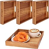 kukmakri 4 PCS Acacia Wood Serving Tray with Handles - 10 Inch Square Wooden Tray with Handles, Ideal as Breakfast, Coffee Table, Decorative, Serving(1.75 Inch Thickness)