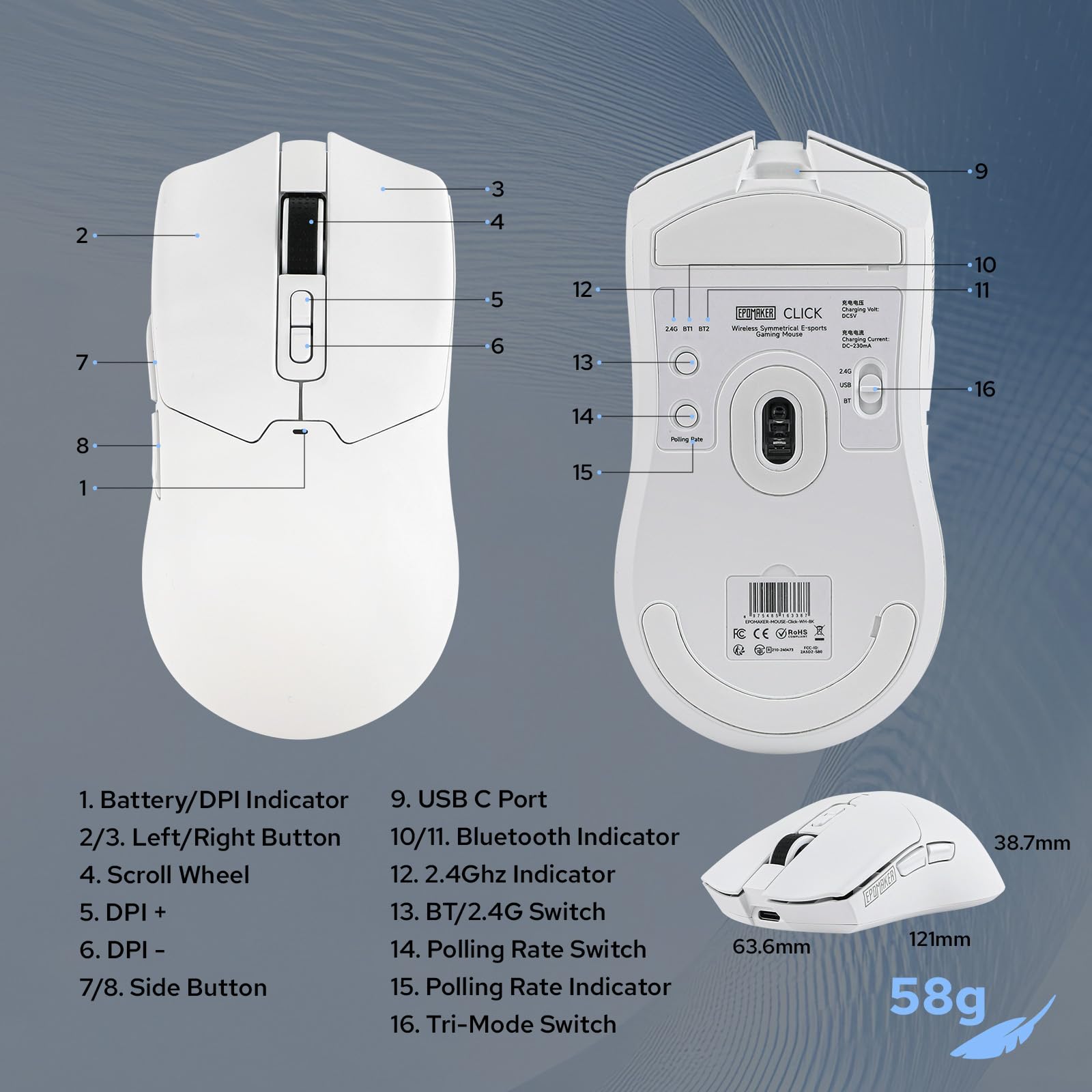 EPOMAKER Click Gaming Mouse Wireless 2.4Ghz/Bluetooth/Type-C, 800 to 42,000 DPI Adjustable, 8K Polling Rate, 500mAh, Lightweight Optical Mouse, for PC/Mac/Linux (White)
