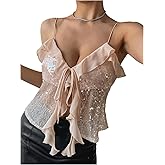 MakeMeChic Women's Sequin Sparkly V Neck Cami Tops Tie Front Ruffle Party Tank Crop Tops