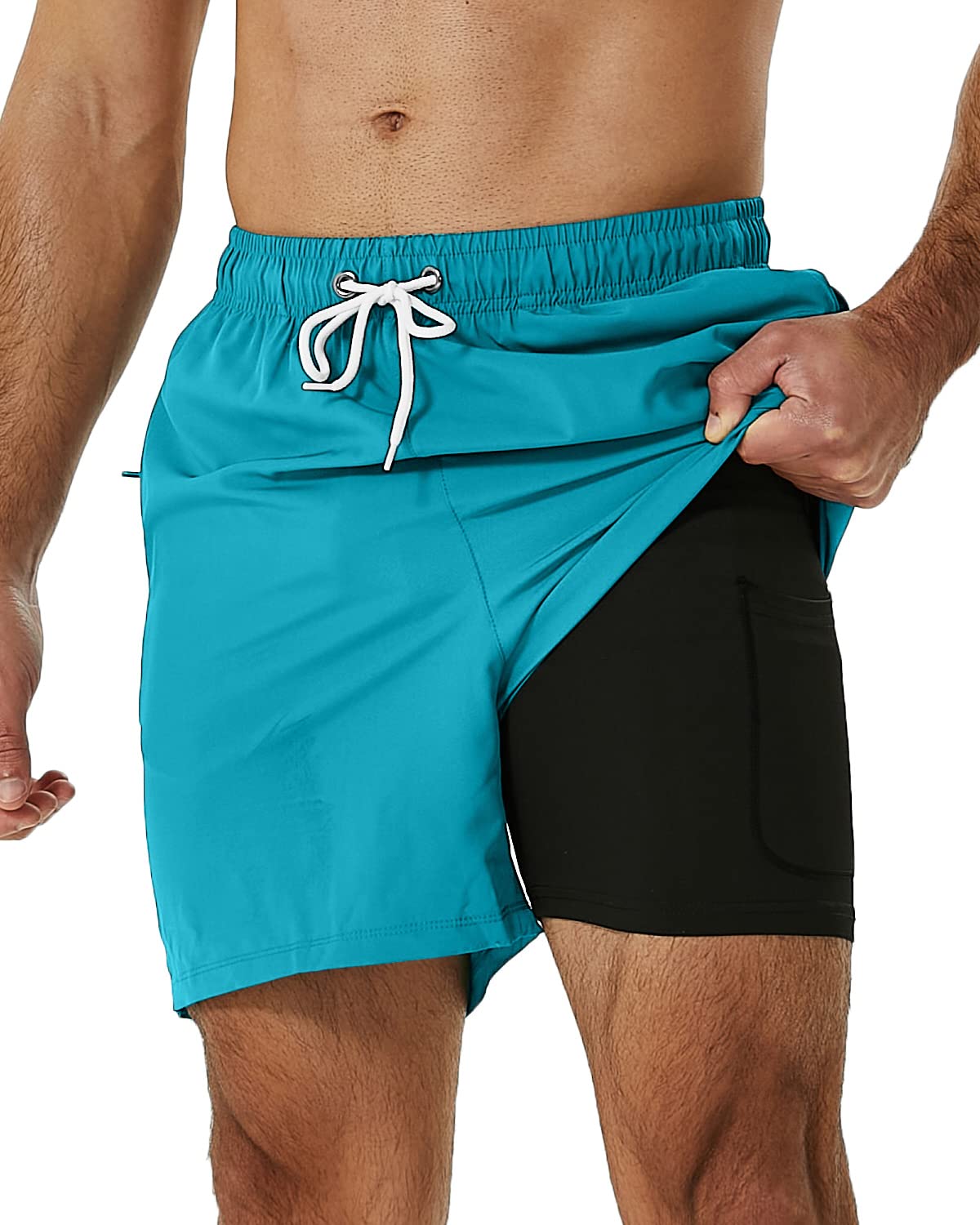 Photo 1 of SILKWORLD Mens Swimming Trunks with Compression Liner 2 in 1 Quick-Dry Bathing Suits with Zipper Pockets Light Blue