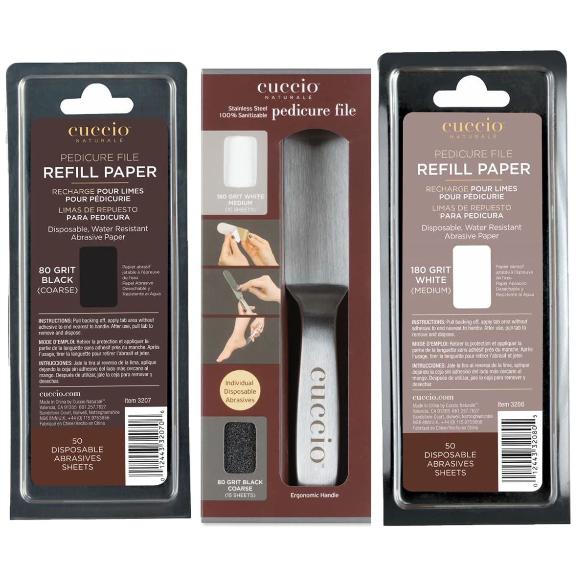 Cuccio Stainless Steel Pedicure File with a 2 pack of 50 white and black refills