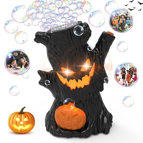 Halloween Bubble Machine, Haunted Stump Bubble Blower, USB Rechargeable, Wobbly Head Fun, Glow Eyes - Halloween Decorations Tree Toys Gifts for Kids, Boys, Girls