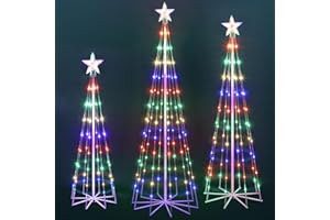 SKCOIPSRA 3 Pack LED Animated Outdoor Christmas Tree, 4' 5' 6' Multicolor Lightshow Lighted Cone Wire Tree with Topper Star, Christmas Outdoor Decorations Artificial Lighted Tree for Indoor Outdoor Yard Patio
