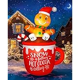 zukakii 6FT Christmas Inflatables Decoration Outdoor, Cute Gingerbread Man in Hot Cocoa Mug Christmas Blow Up Yard Decoration Blowups Build-in LED Light for Holiday Party Xmas New Year