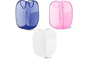LXLOVESM Pop Up Laundry Hamper, Mesh Laundry Basket Collapsible, Foldable Hamper for Travel and Storage, 3 Pack (White+Pink+Blue)