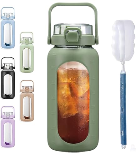 MUKOKO 64oz Glass Water Bottle With Straw & Time Marker - Half Gallon Jug With Silicone Sleeve, Amber