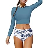 Fuermos Girls Rash Guard Swimsuits 2 Piece Long Sleeve Swimsuit and Tropical Print Bathing Suit Girls' Swimwear 6-14Y