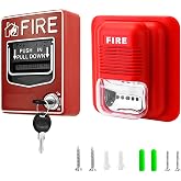 QWORK Wired Emergency Sound and Light Fire Alarm Station, 12 / 24V DC Wired Strobe Siren Horn and Dual Action Manual Call Point Panic Button 9-28VDC with 2 Keys