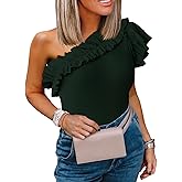 Farktop Womens One Shoulder Shirts Ruffle Sleeve Slim Fit Knitted Ribbed Summer Tops