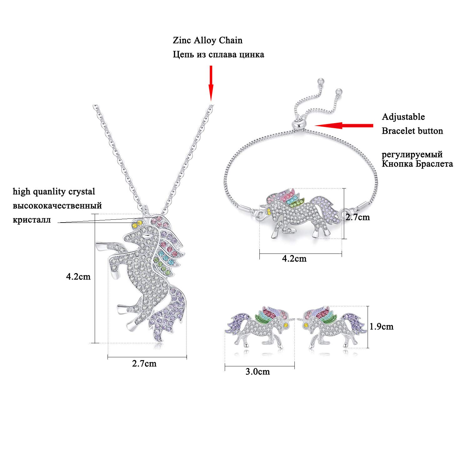 WURUIBO 3 PCS Rainbow Unicorn Jewelry Set for Girls, Fashion Necklace Earring Bracelet Crystal Rhinestone Set(Jewelry Set)