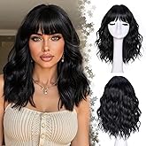 CURLCRAZY Short Wavy Wig with Bangs for Women Black Curly Wigs Natural Wavy Synthetic Wigs for Daily Party Cosplay