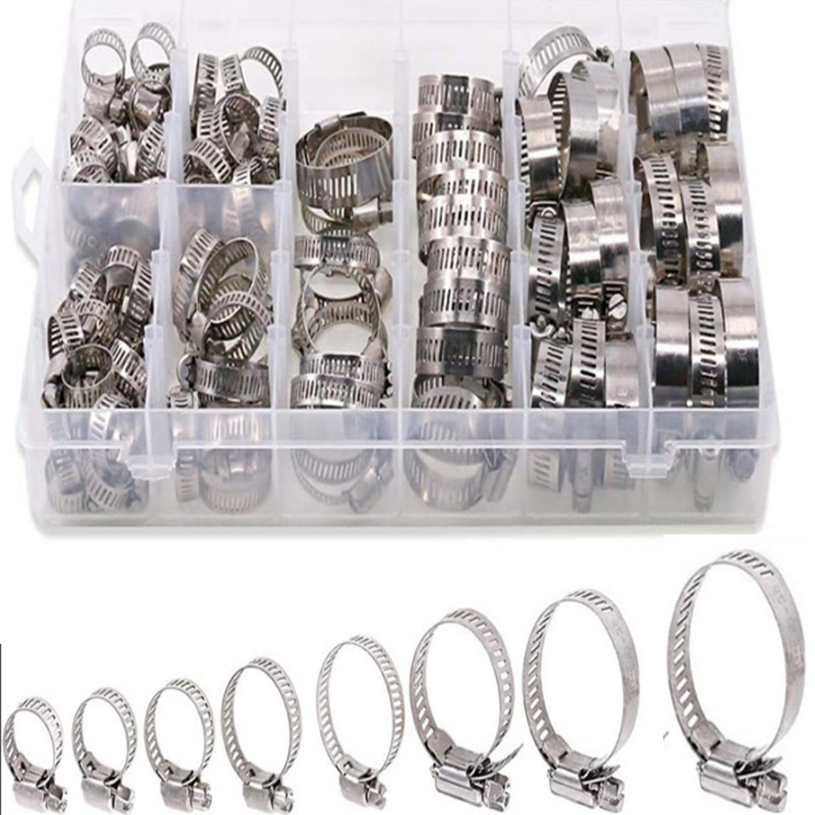 101 Piece Stainless Steel Hose Clamp Set,Worm Gear Hose Clamp Assembly,Adjustable Size Metal Kit for Water Lines,Pipes, Oil Lines,Intercoolers and Pipes,Automotive,Mechanical Applications