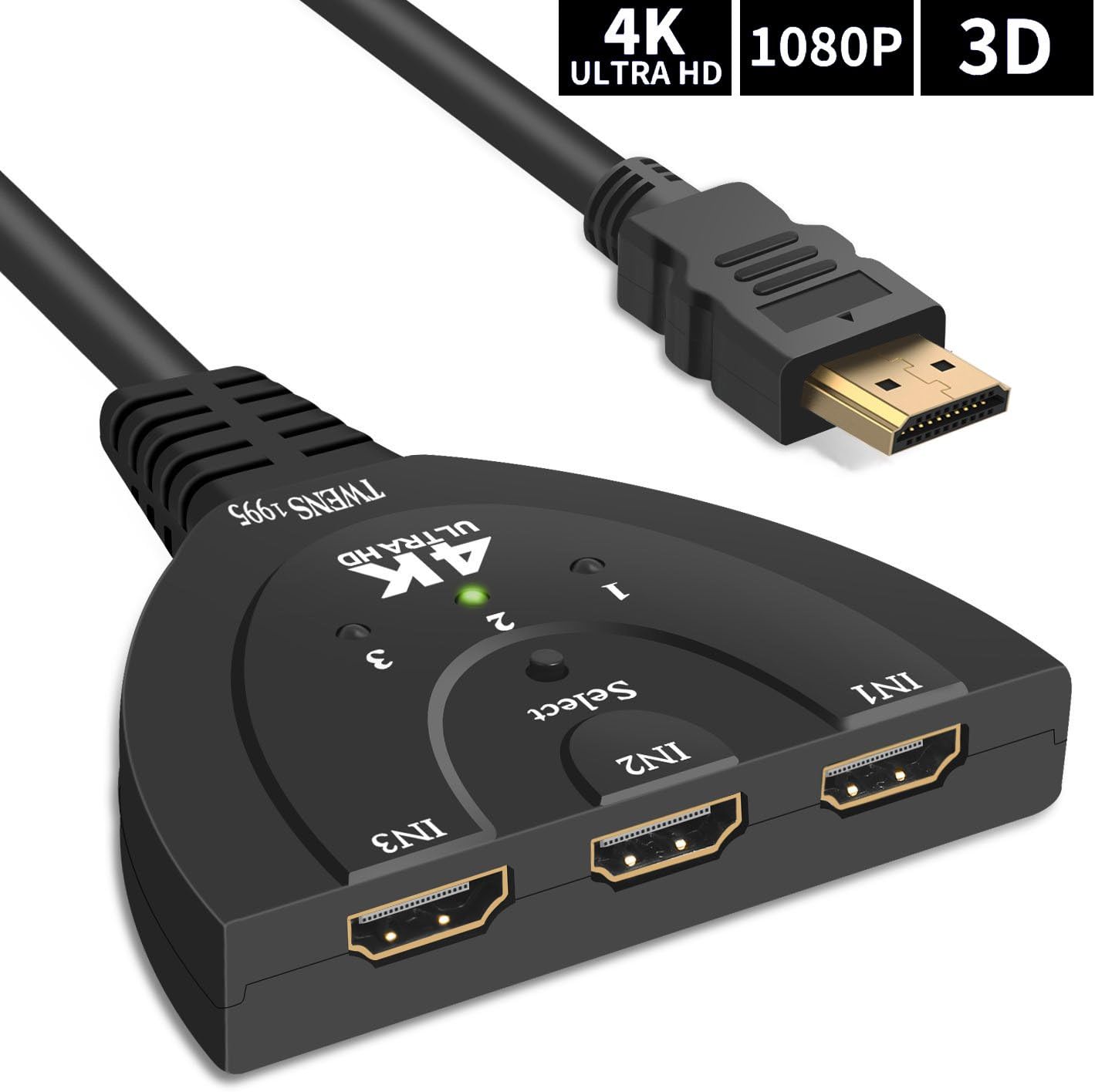 HDMI Switch 4K, TWENS 1995 3 Port Switch Supports 4K/3D/PS3/PS4/Xbox/1080P/Apple TV/DVD Player/Laptop …
