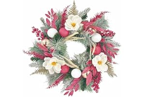 PCALYR 20 inch Pink Christmas Wreath for Front Door, Artificial Cedar with White Magnolia Flowers Paired with Pink Berry Balls,Used for Window, Wall, Porch, and Other Indoor and Outdoor Home Decorations