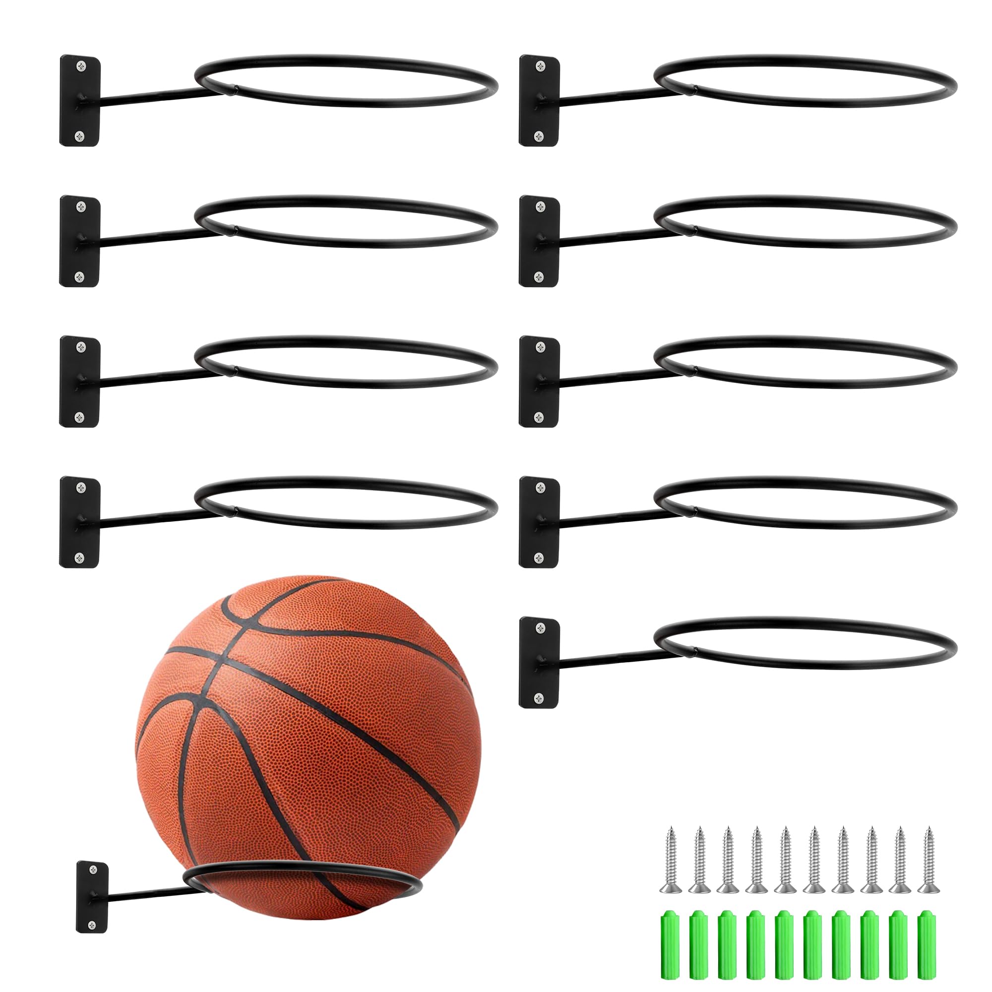 YKUKIZEE 10PCS Wall Mount Football Rack, Rugby Ball Holders Basketball Display Stand Wall Mount Volleyball Ball Storage Holder Black for Exercise Balls