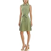 Sharagano Womens Sleeveless Collared Shirt Dress with Full Button Panel and Belted Waist