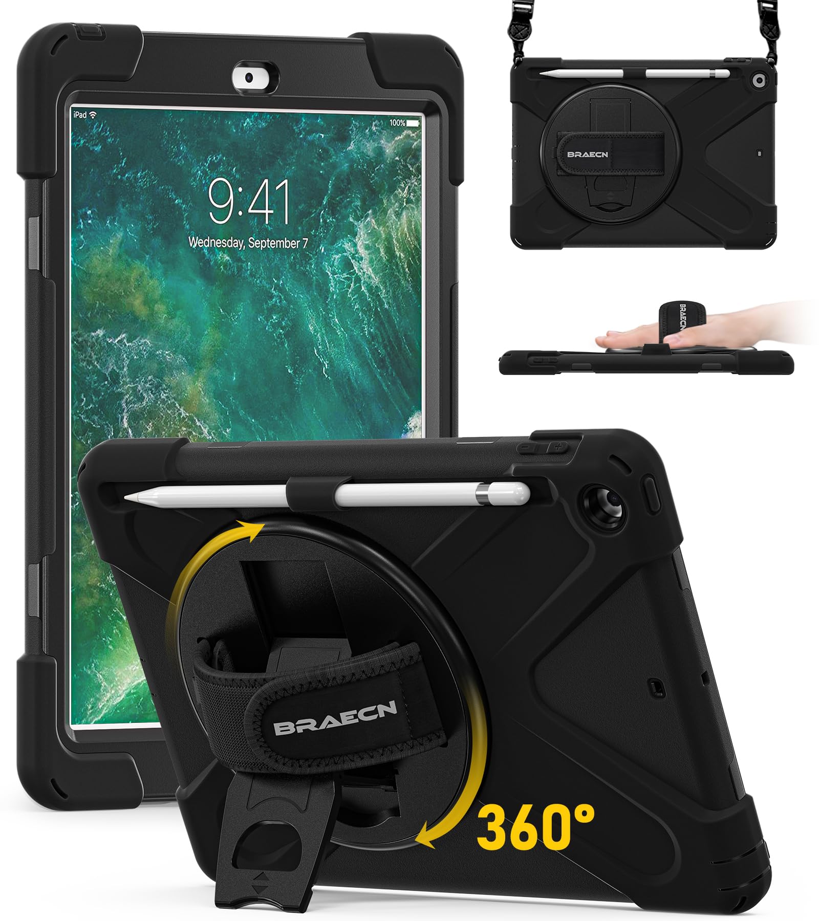 BRAECN Case for iPad 6th/5th Generation 9.7 inch 2018/2017, Heavy Duty Shockproof Rugged Case with Pencil Holder, Shoulder Strap & Rotating Hand Strap/Stand for iPad A1893/A1954/A1822/A1823 -Black