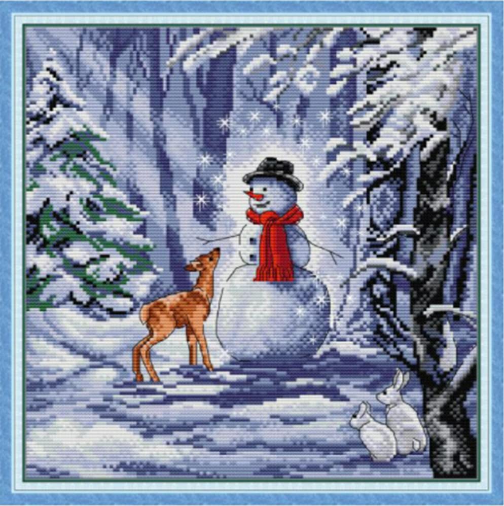 ABEUTY Cross Stitch Kits Christmas Snowman Deer for Adults & Beginners Pre Printed or NOT, DIY 14 Count Embroidery Sewing Starter Kit Stamped or Unstamped Needlework Home Decor (Stamped)