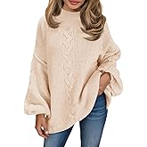 Saodimallsu Womens Oversized Cable Knit Sweater Chunky Mock Neck Long Lantern Sleeve Fall Trendy Tunic Sweaters Top