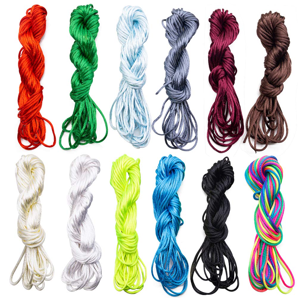 12 Colors 120 Yards 2mm Satin/Rattail Nylon Cord, Nylon Beading String for Necklace, Bracelet, Jewelry Making