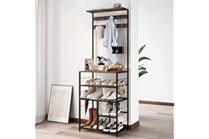 GiftGo Vintage Large 5-Tier Hall Tree with Console Table Entryway Coat Rack Floor Standing Shoes Rack Storage Shelf Organizer for Home Office Bedroom (Rustic Brown)