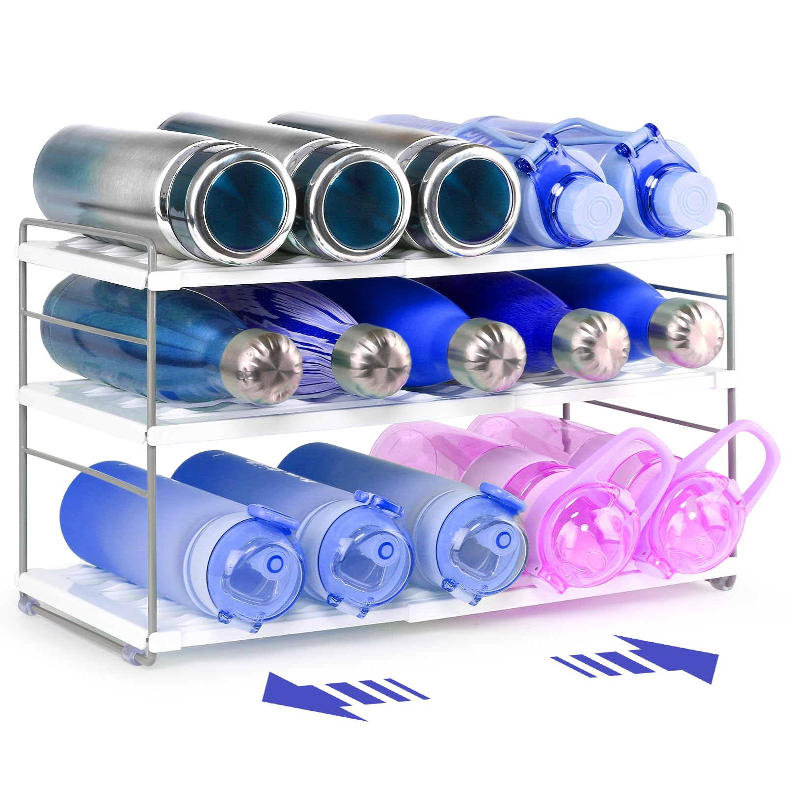 Huquter Expandable Water Bottle Storage, Adjustable Multifunctional Water Bottle Organiser for Cupboard/Countertop/Pantry, 3 Tier Water Bottle Storage Rack for Kitchen Cupboard Tabletop, Office