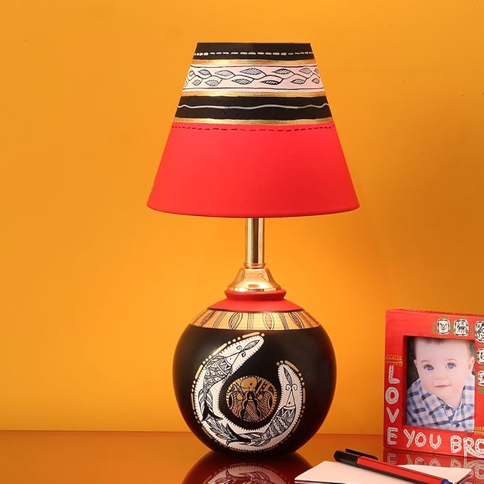 ExclusiveLane Madhubani Shimmers Hand-Painted Pot Shaped Round Table Lamp in Terracotta -Indoor Lighting Decorative Gift Bedside Table Lamps for Living Room Bedroom Modern Night Lamps