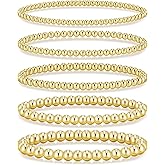 Valentines Day Gifts for Her Teen Wife Gold Beaded Bracelets for Women, 5 Pcs Dainty 14K Gold Plated Chunky Stretch Bead Ball Bracelet Stack