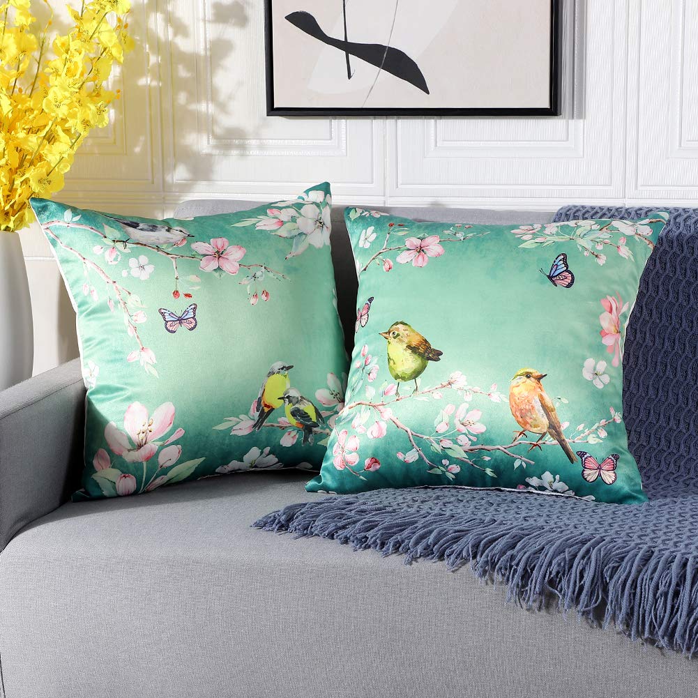 Artscope Cozy Faux Silk Cushion Covers, Set of 2 Classical Bird Flower Pattern Pillow Covers Cases for Sofa Couch Home Decor 45x45cm-Green