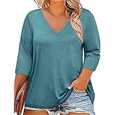 ZDC Womens Plus Size Tops 3/4 Sleeve V Neck T Shirts Casual Loose Fit Tee Tunic Blouse
