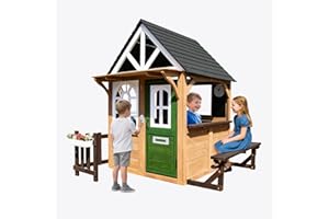 BTMWAY Kids Outdoor Playhouse, Cedar Wooden Play House for Kids Ages 3-8, Kitchen Counter with Utensils, Sink, Interactive Doorbell, Picnic Bench, Flowerpot Holders