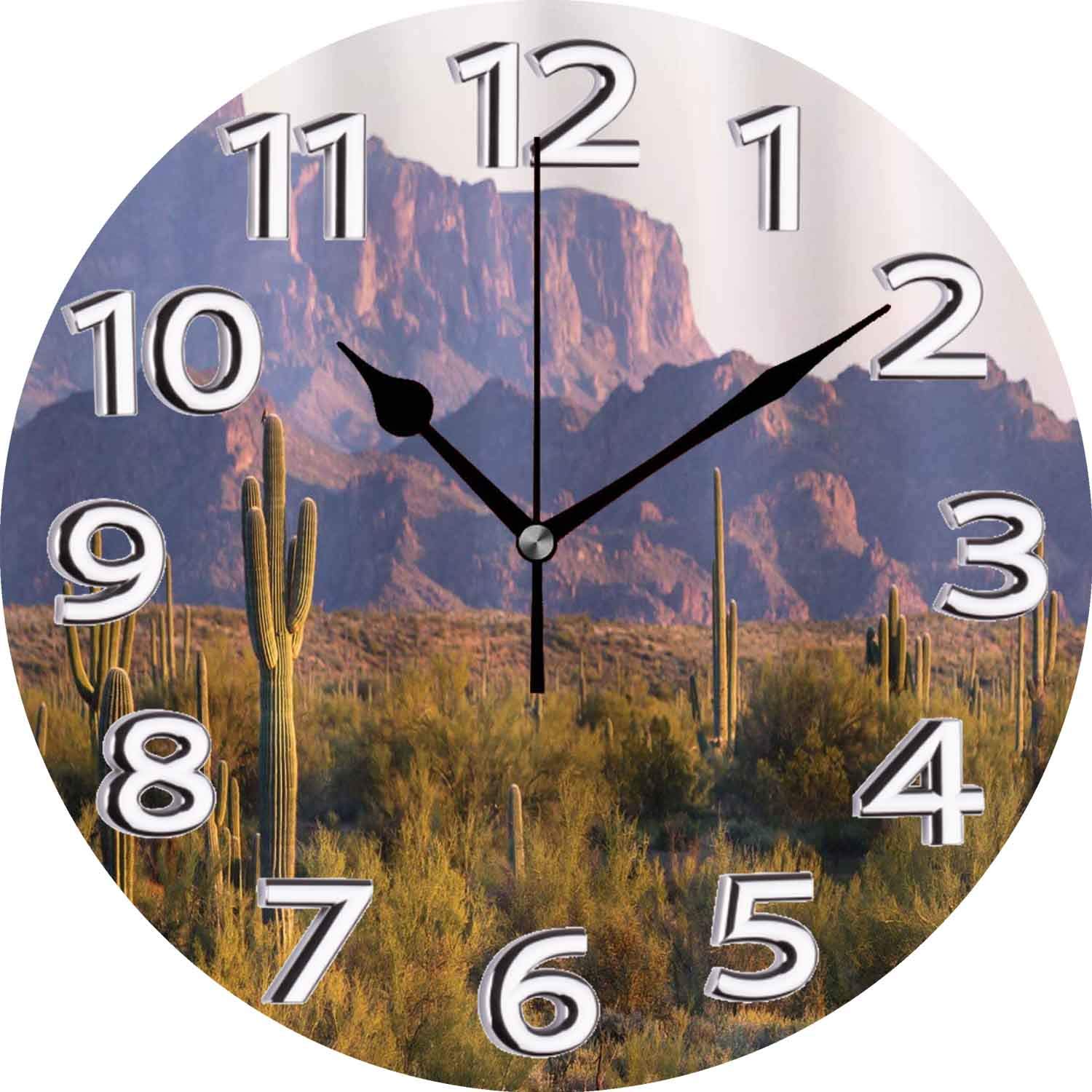 Wall Clock 10 Inch Saguaro Arizona Desert Landscape Cactus Mountain in Spring Evening Wilderness Bro