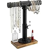 MyGift Industrial Pipe Black Metal T-Bar Jewelry Bracelet & Necklace Adjustable Height Display Stand with Brown Wood Base