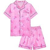Kids Girls Pajama Set Silky PJS Button-Down Sleepwear Nightwear Loungewear Clothes Set Gifts