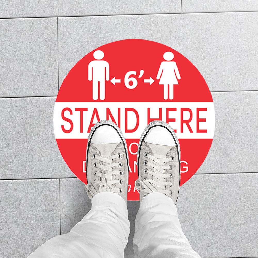 5 Pack 12"/30CM Social Distancing Floor Sticker Stand Here Floor Decals, Please Keep Social Distance Circle Pressure Sensitive Adhesive Safety Marker