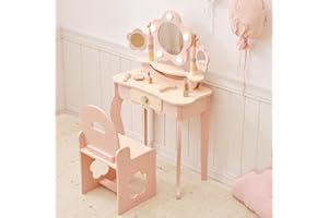 OOOK Kids Vanity Table and Chair Set with Lights, Makeup Vanities with Touch Screen 3 Colors, Pink Girls Vanitys, Enough for Real and Pretend Makeup, Toddler Vanity for 3 Year Old