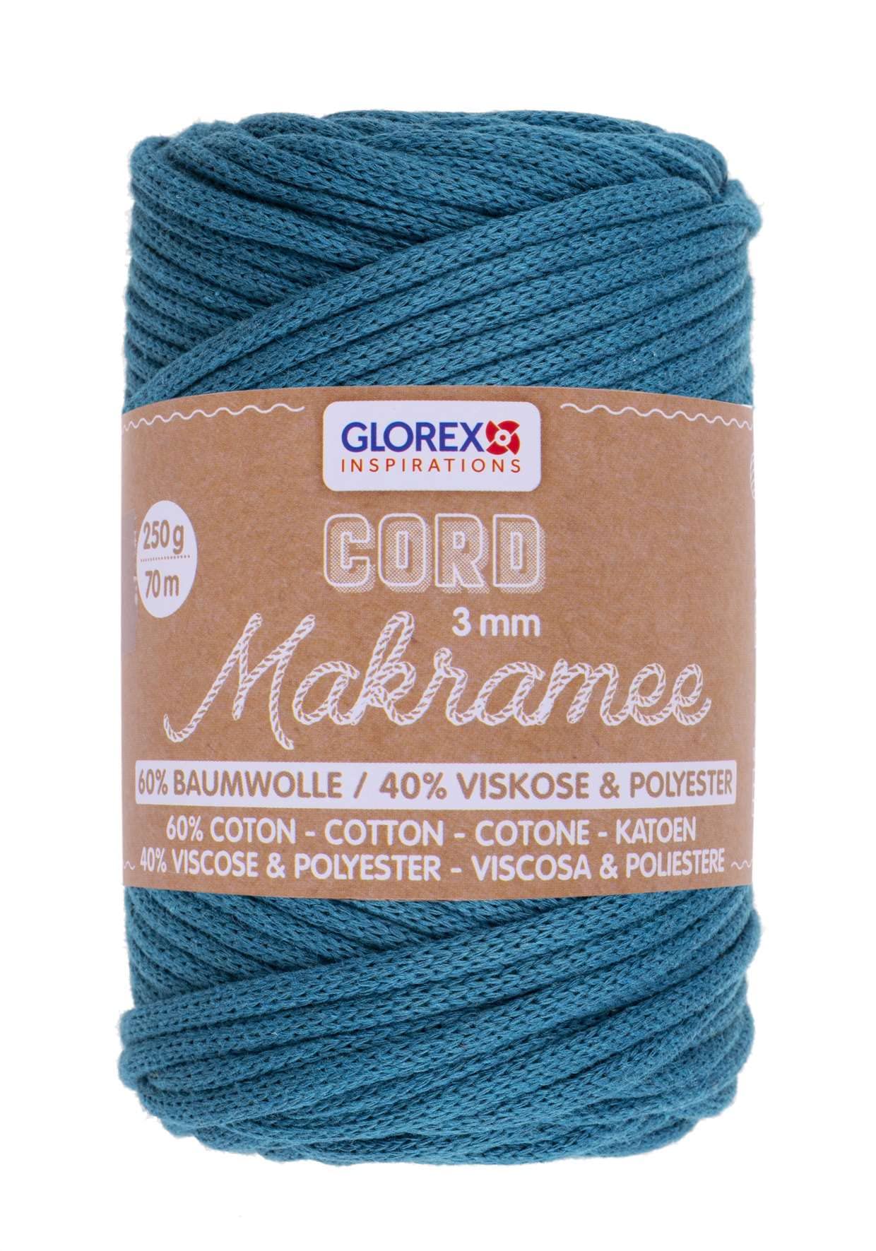 Glorex 5 1006 09 - Macrame Cord, 250 g, 3 mm, Length 70 m, Turquoise, Triple Twisted Cotton Yarn, 60% Cotton, 40% Viscose and Polyester, for Crocheting, Knitting, Knitting and Designing