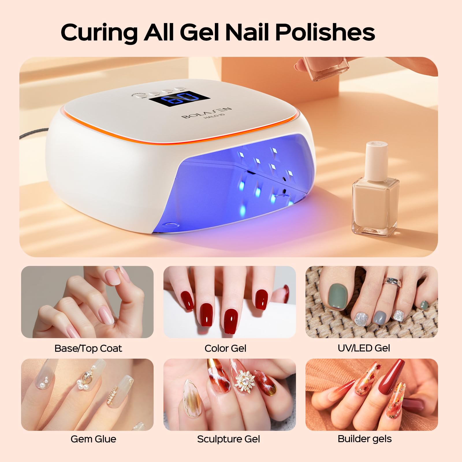 BOLASEN UV LED Nail Lamp, 60W UV Light for Gel Nails with Ceramic Technology, Professional Nail Dryer for Gel Nail Polish, Quick Dry Curing Lamp with Metal Base & Atmosphere Light, Halo 10 - Image 8