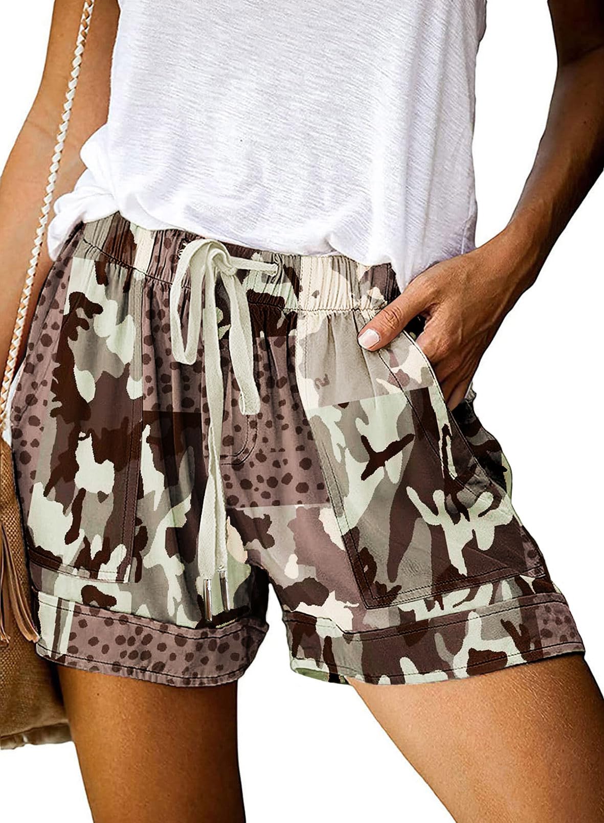 Photo 1 of Wielsscca Womens Shorts Casual Drawstring Summer Trendy Elastic Waist Lightweight with Pockets Leopard Print Y-03 L